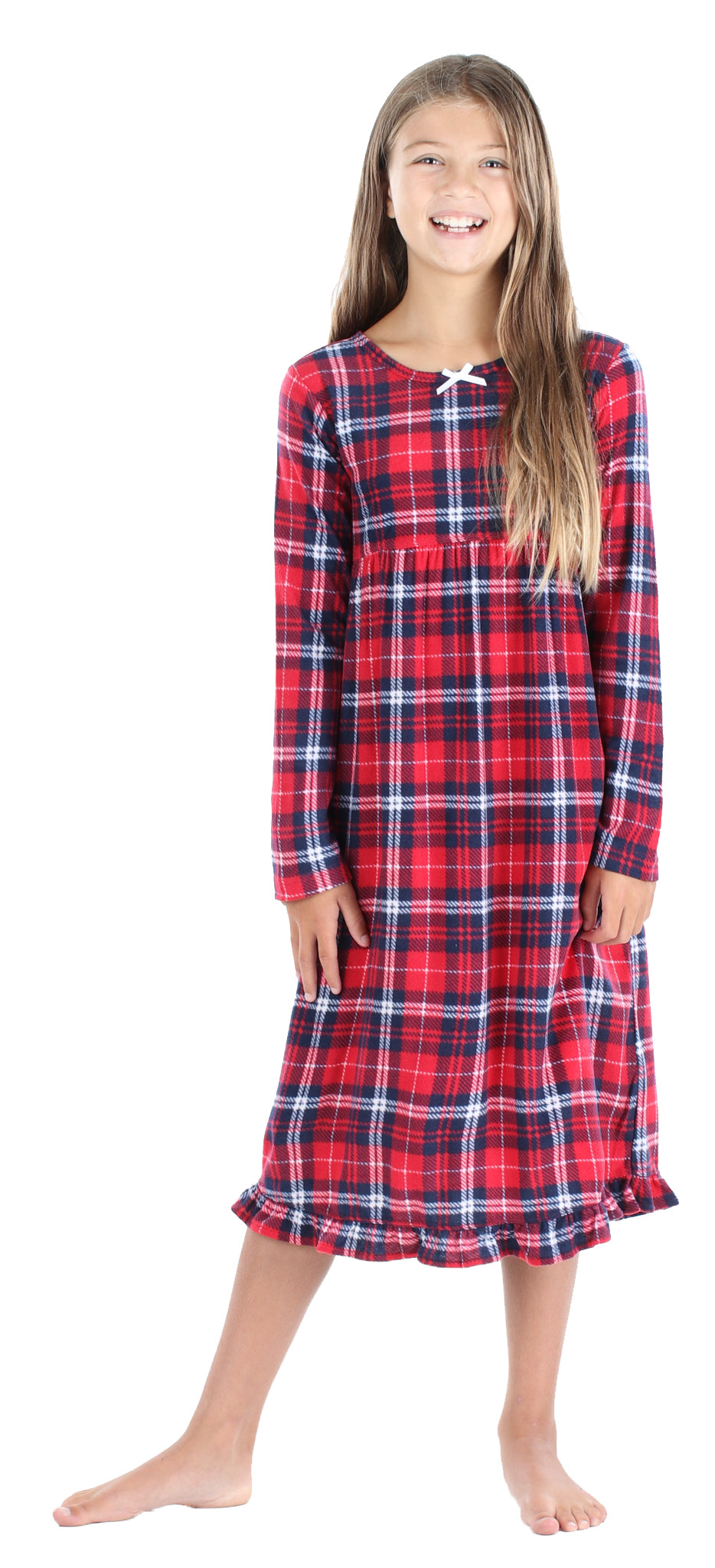 A person wearing matching pajamas. The background is solid white and you can see their full body. Fabric is Fleece and the print is Red Blue Plaid