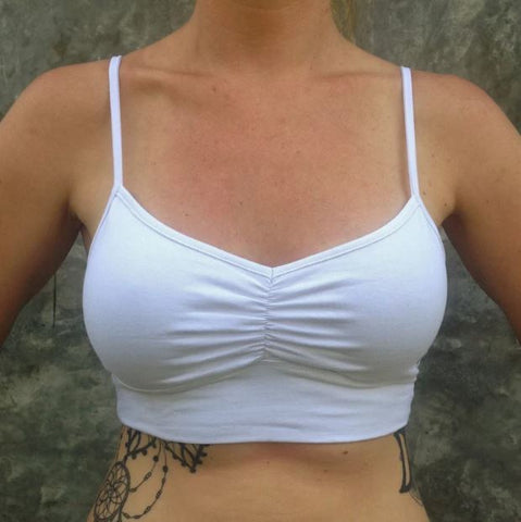 Snow Bliss Bralette with center puckering between the breasts and adjustable spaghetti straps by Lotus Tribe Clothing