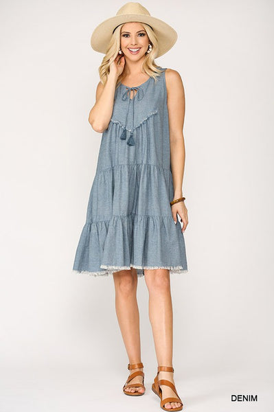 Tiered and Tasseled Denim Dress