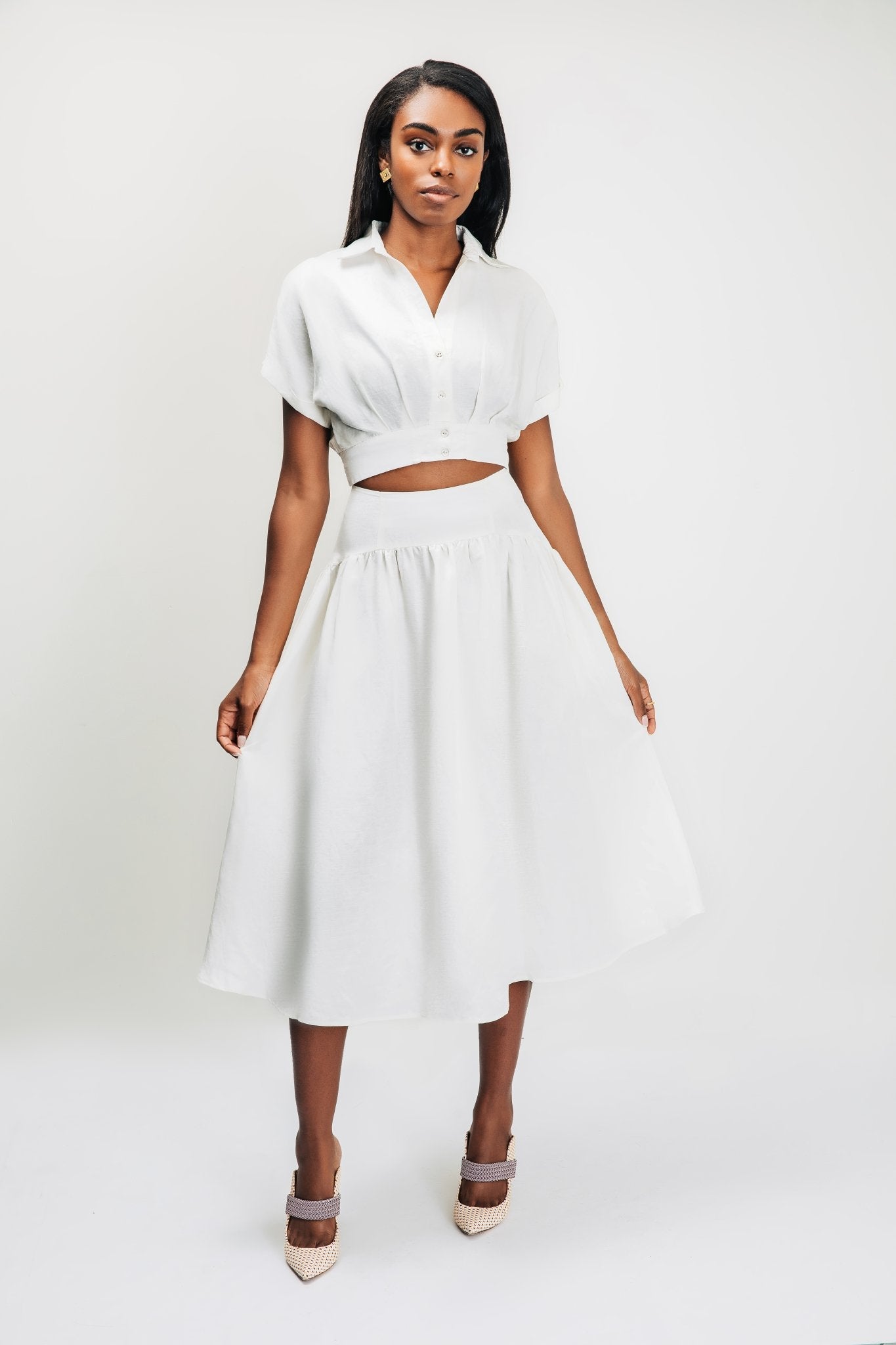 Vintage White Long Dress - Three Quarter Sleeves / Flared Skirt