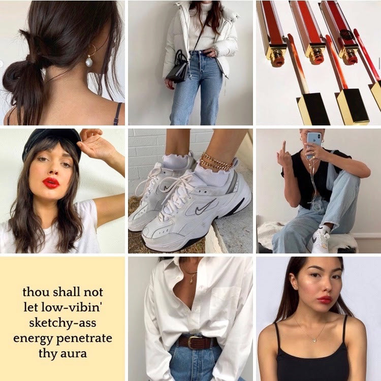 collage of casual messy bun, blue jeans, sneakers, gold accessories, and a white t-shirt outfit paired with red lipstick and tinted lip balms with inspiring quote thou shall not let low vibing sketchy ass energy penetrate thy aura