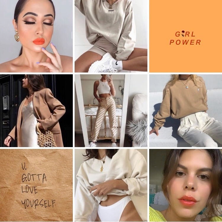 collage of camel tanned coloured loungewear paired with orange lipstick and tinted lipstick balms with inspiring quotes girl power and you gotta love yourself