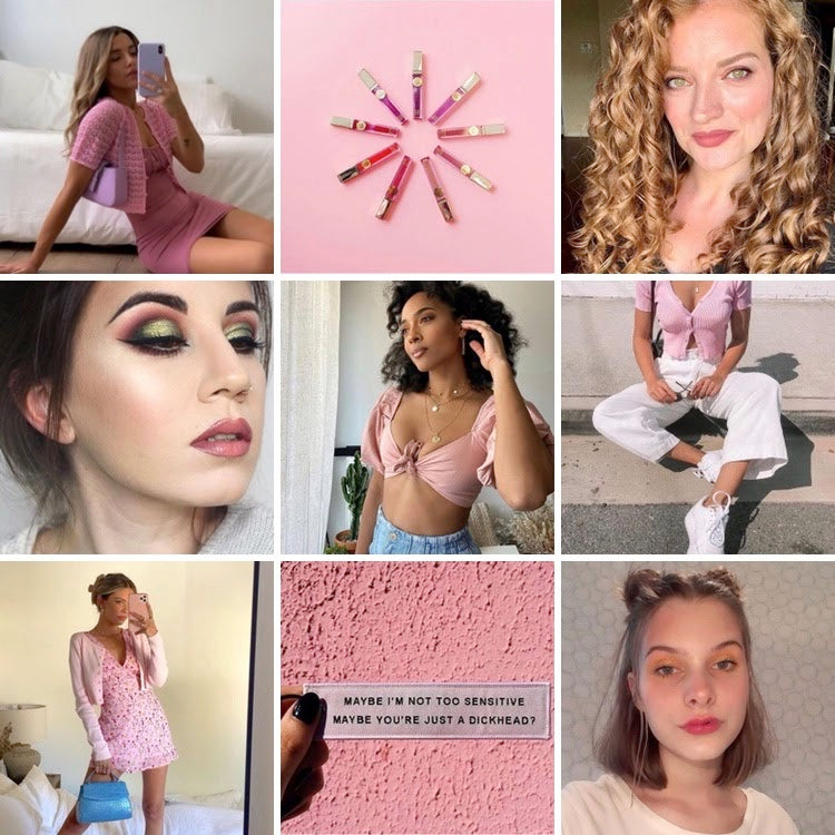 collage of pink monochrome outfits paired with nude lipsticks and tinted lip balms with quote maybe I'm not too sensitive maybe your just a dickhead