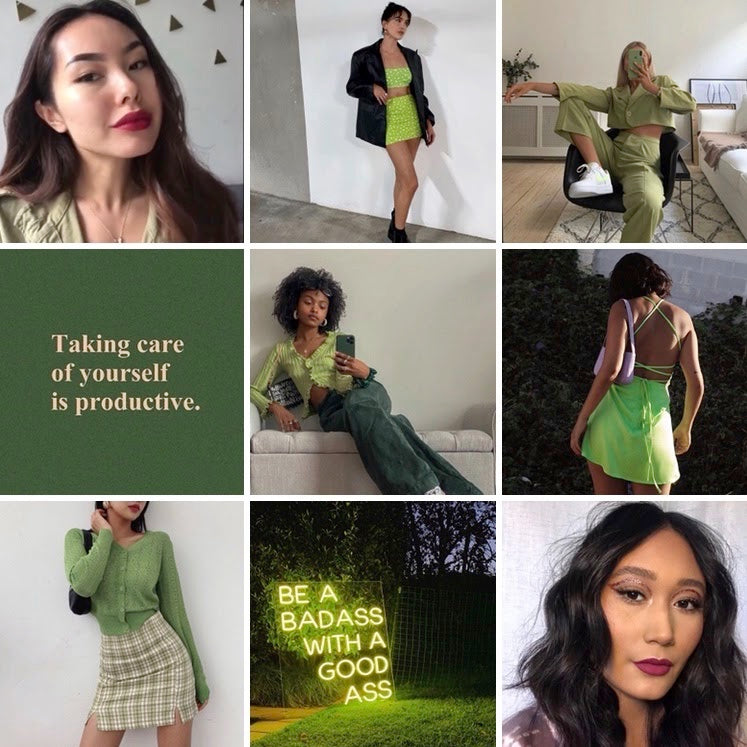 collage of green outfits paired with purple lipstick and tinted lipstick balms with inspiring quotes taking care of yourself is productive and be a badass with a good ass