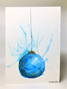 Original Hand Painted Christmas Card - Bauble Collection - Blue and Gold Splatter Bauble - eDgE dEsiGn London