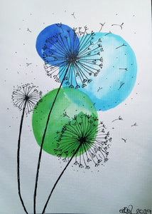 Handpainted Watercolour Greeting Card - Abstract Blue/Green Circles ...