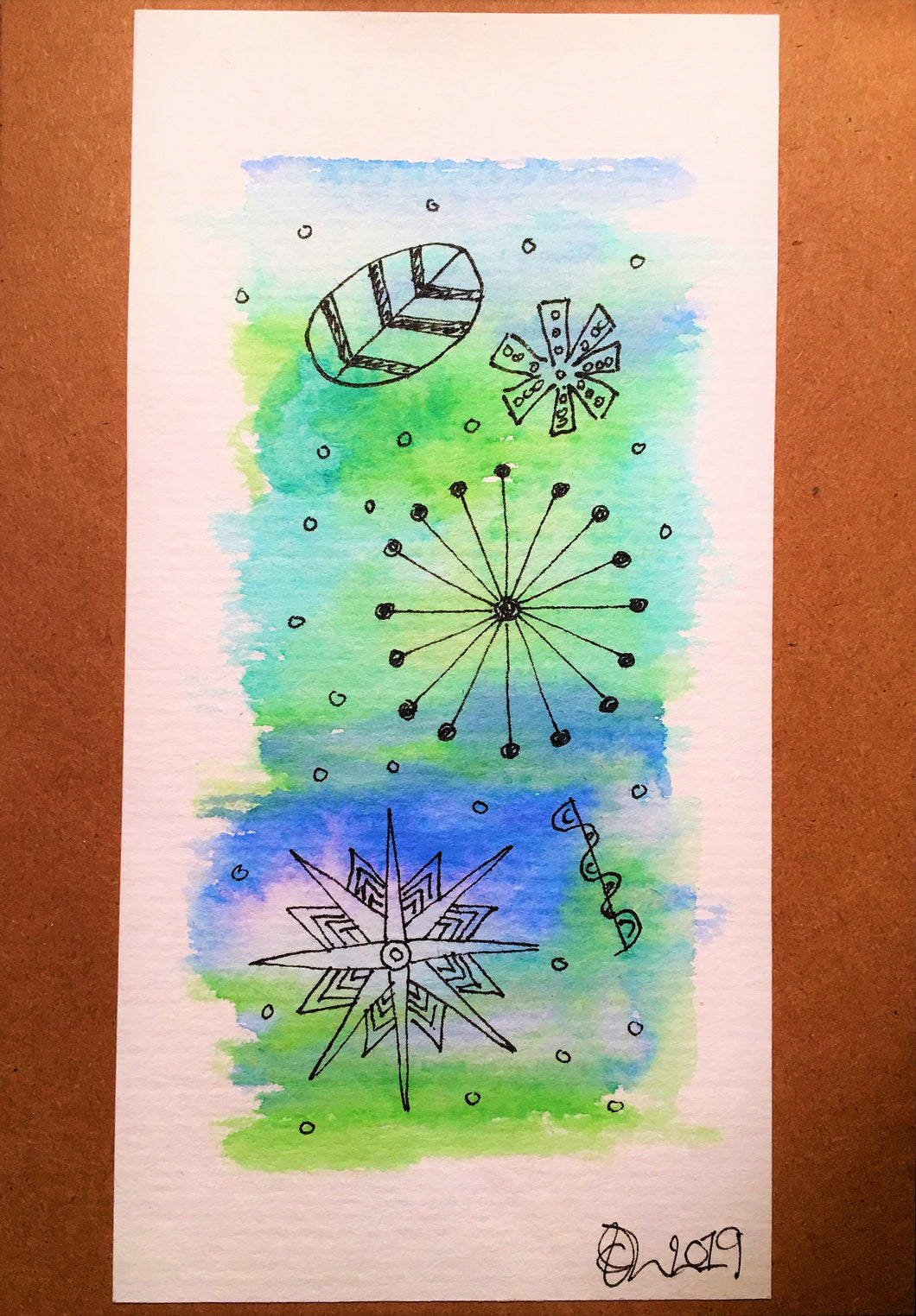 Handpainted Watercolour Greeting Card Abstract Ink Star Circle