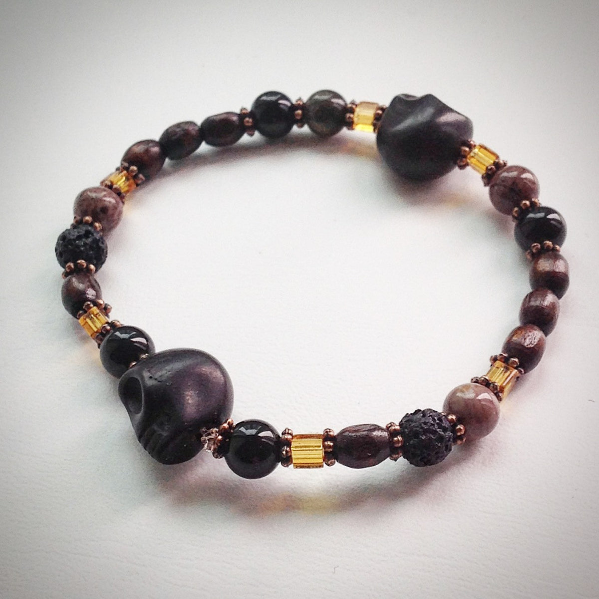 Beaded bracelet - Black Skulls, Jasper, Onyx, glass and wooden beads ...