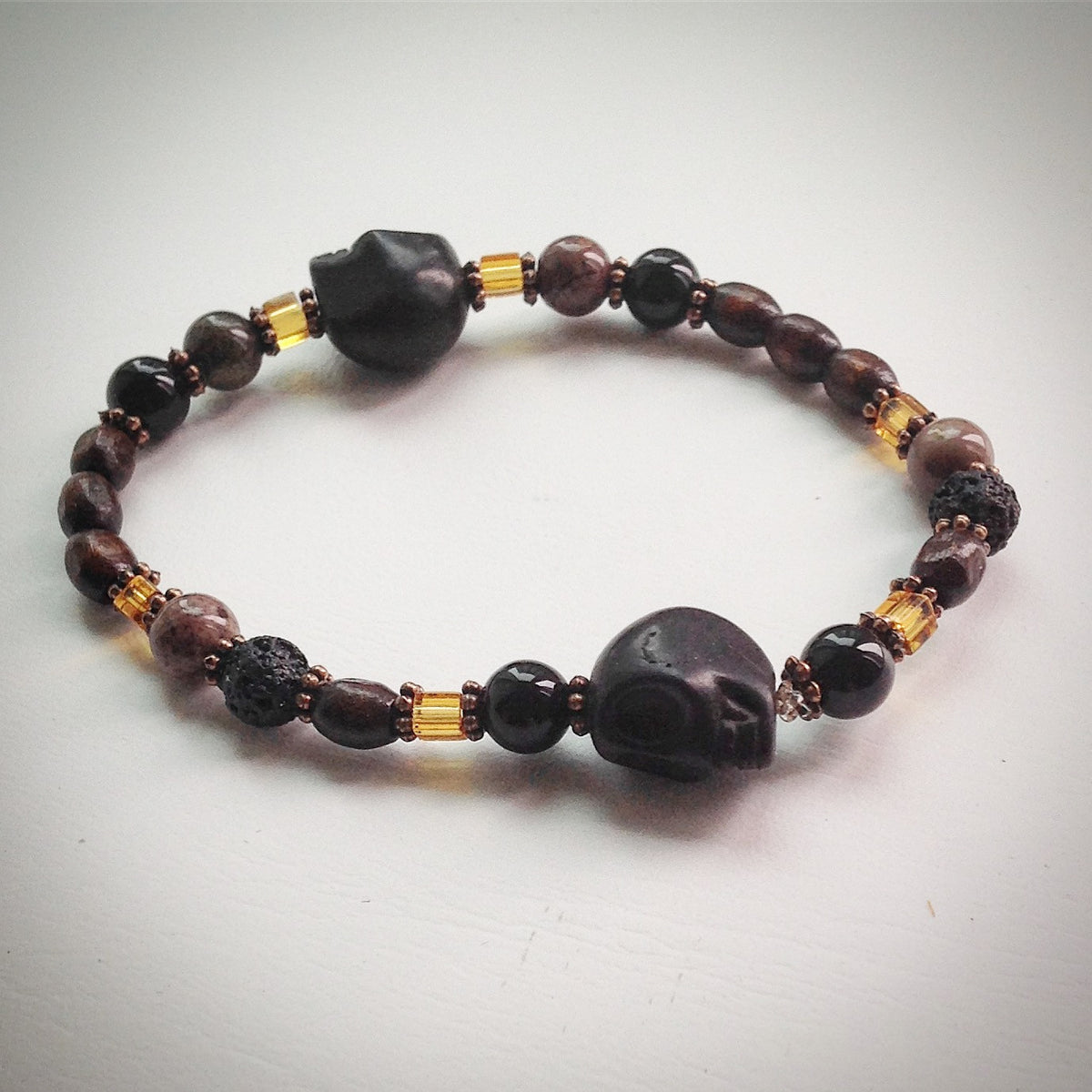 Beaded bracelet - Black Skulls, Jasper, Onyx, glass and wooden beads ...