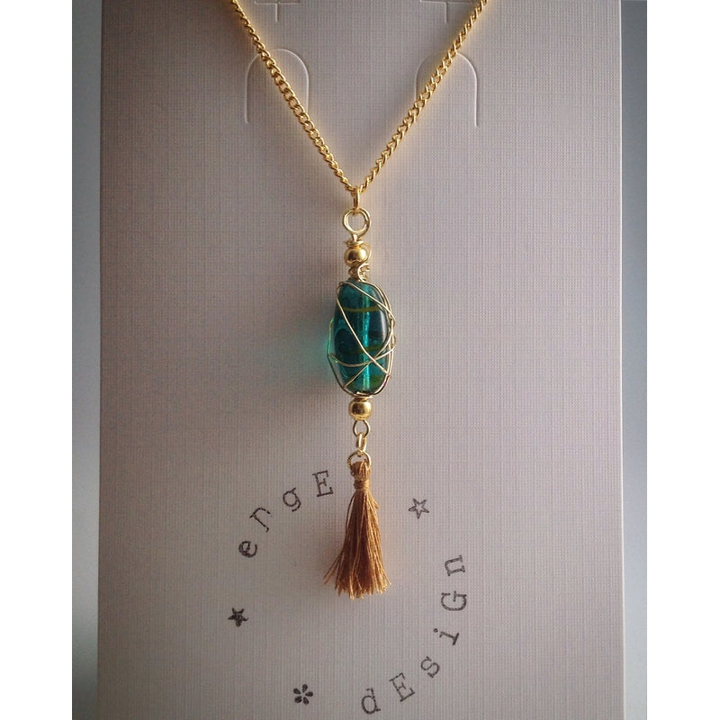Gold plated chain with Blue Green Glass Wire Wrap and Tassel Pendant ...