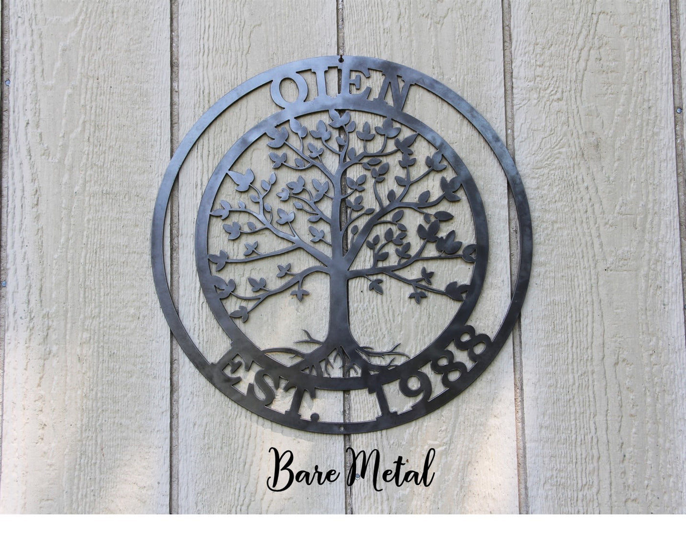 Personalized Tree of Life Family Sign - Madison Iron and Wood - Monogram Sign - metal outdoor decor - Steel deocrations - american made products - veteran owned business products - fencing decorations - fencing supplies - custom wall decorations - personalized wall signs - steel - decorative post caps - steel post caps - metal post caps - brackets - structural brackets - home improvement