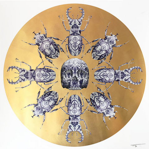 Magnus Gjoen 24c gold leaf print with skull and scarab Beatles. 