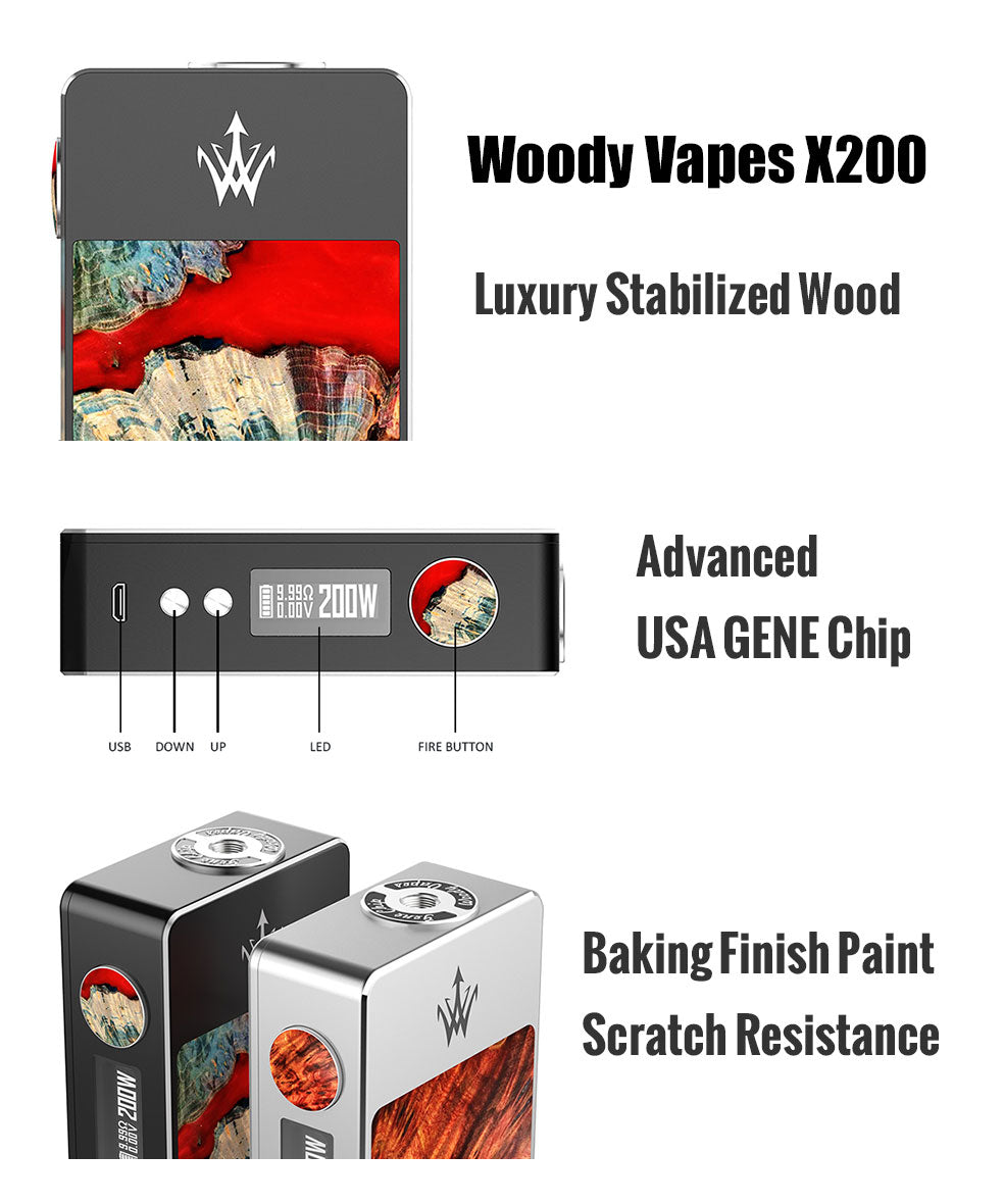 Woody Vapes X200 Stabilized Wood TC Box Mod Details