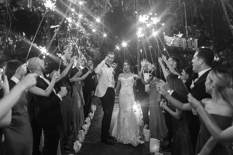 A photo in black and white of the couple in the center and their guests surrounding them with sparkles.