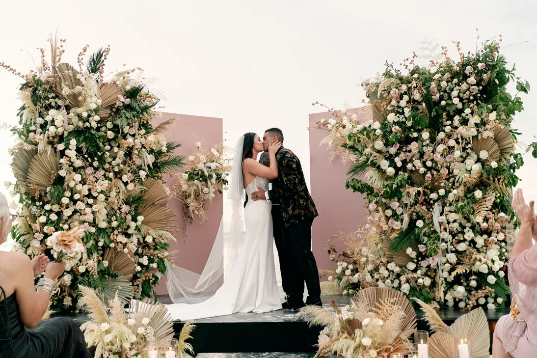 Modern Floral Backdrop for Beach Wedding at Nizuc Resort and Spa in Mexico