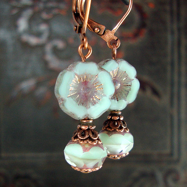 Mint and Lavender Vintage Style Copper Flower Earrings | Ardent Hearts