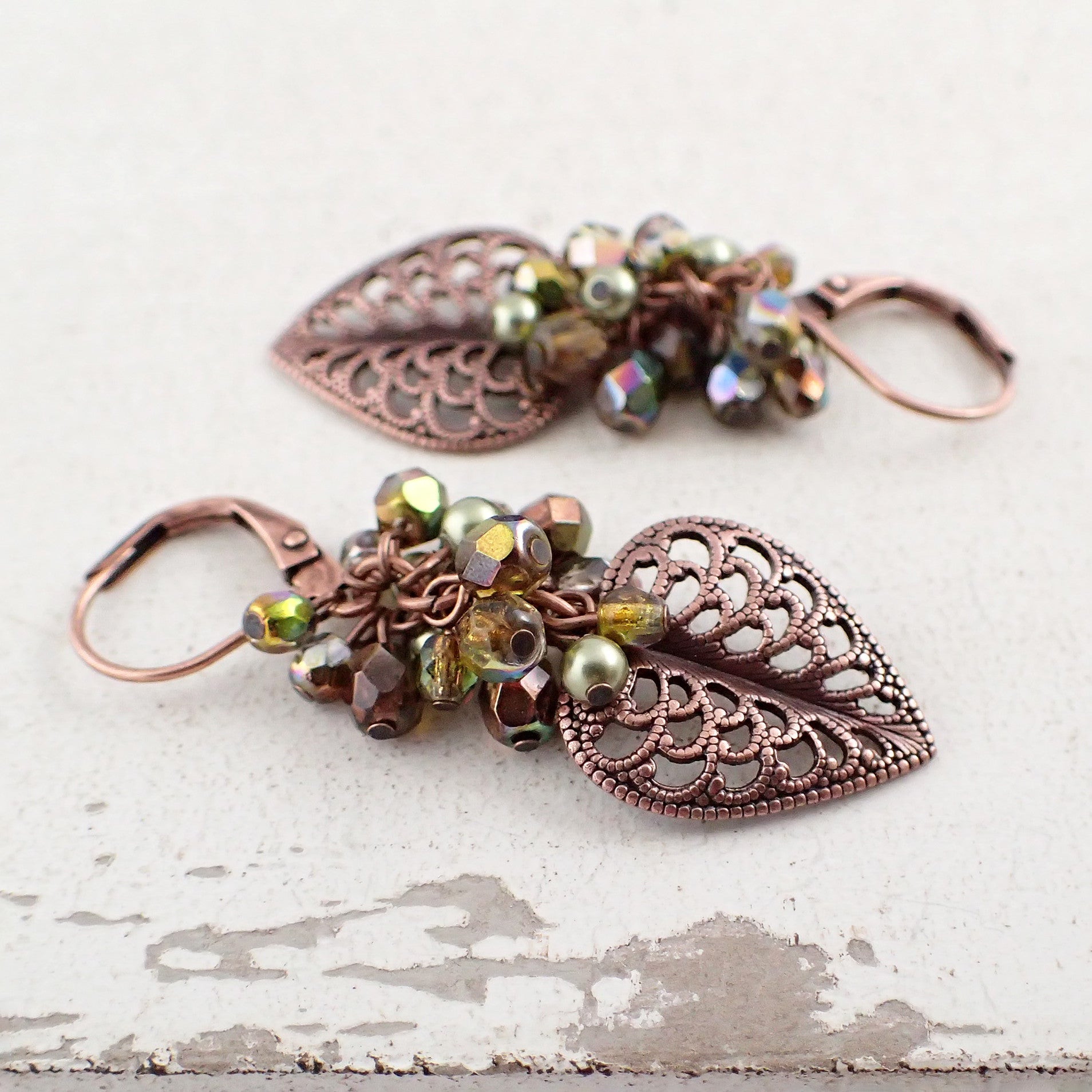 Light Green Cluster Filigree Leaf Earrings Ardent Hearts