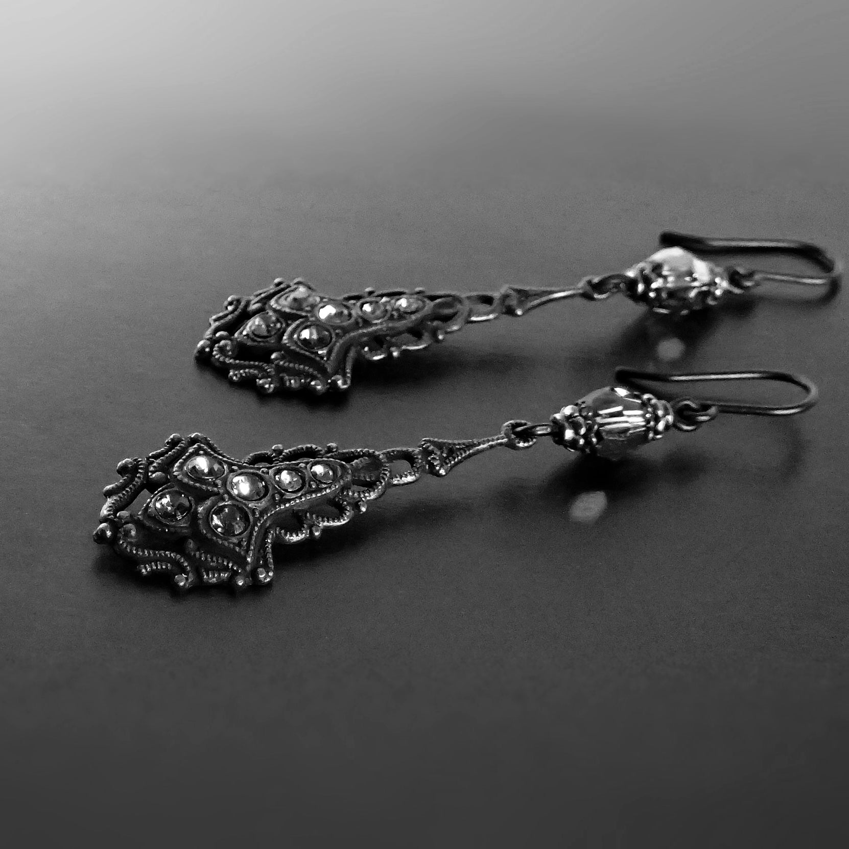 Victorian Gothic Earrings with Dark Metallic Silver Crystals
