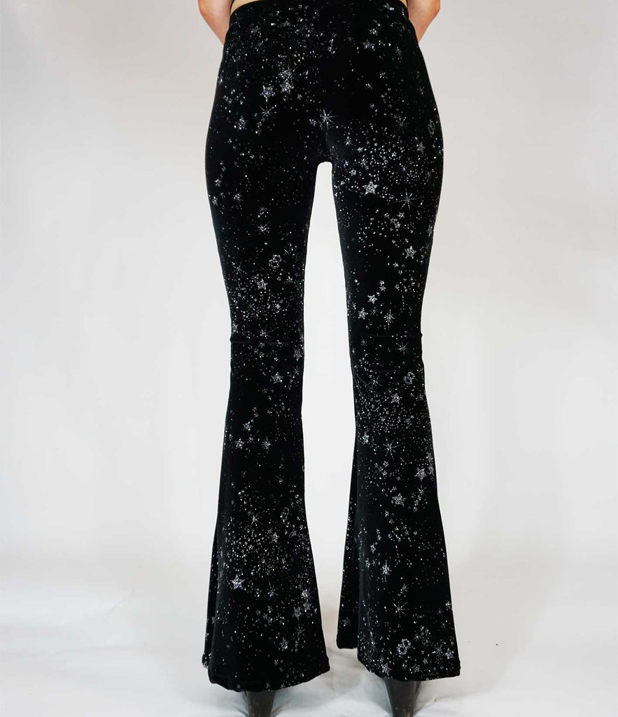 Celestial Silver Glitter Sparkle Velvet Flares | Flare Street