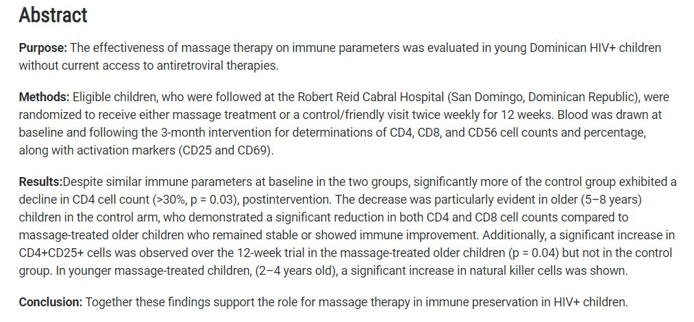 Abstract from Impact of a Massage Therapy Clinical Trial on Immune Status in Young Dominican Children Infected with HIV-1