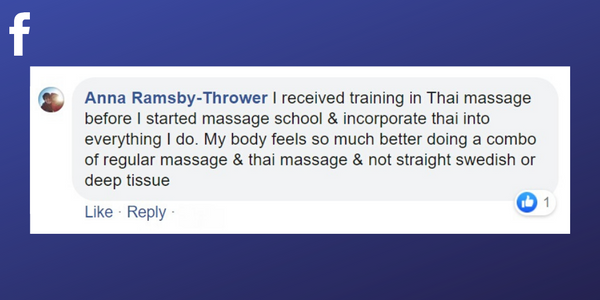 Facebook post from Anna Ramsby-Thrower about training in Thai Massage to maintain a healthy career as a massage therapist