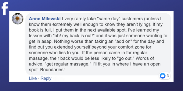 Facebook post from Anne Milewski about being wary of last minute massage clients 