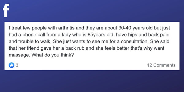 Facebook post about seeing multiple clients with arthritis 