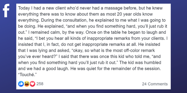 Facebook post from about a client making an awkward and inappropriate joke during a massage treatment