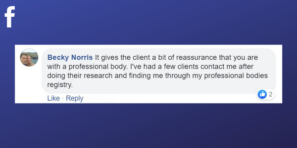 Facebook post from Becky Norris about clients coming to her for massages after researching professional associations