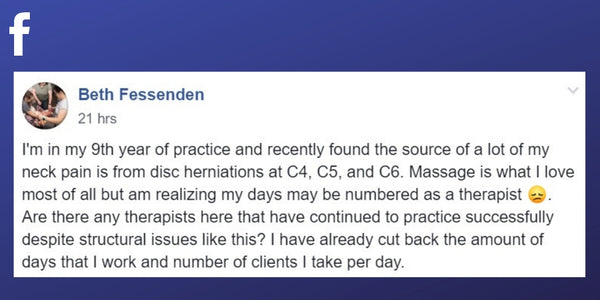 Facebook post from Beth Fessenden about pain cause by working as a massage therapist