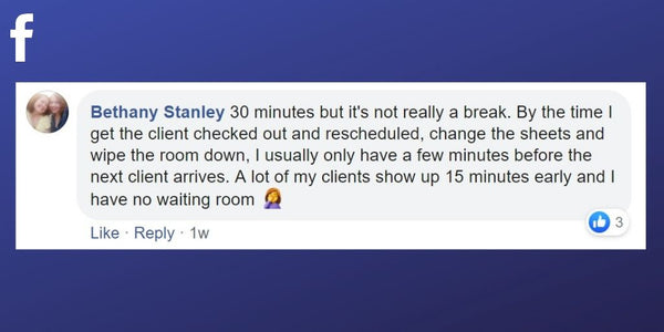 Facebook post from Bethany Stanley about taking a half an hour break between massages
