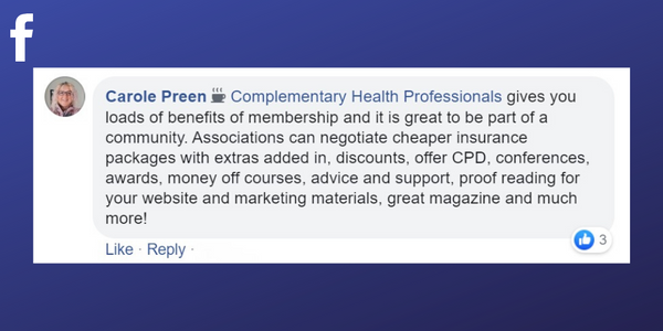 Facebook post from Carole Preen about professional associations being able to help with proof reading your massage therapy businesses' website and marketing materials