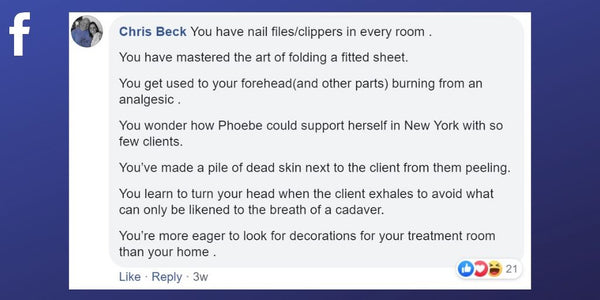 Facebook post from Chris Beck about the funny moments you realise you are a massage therapist