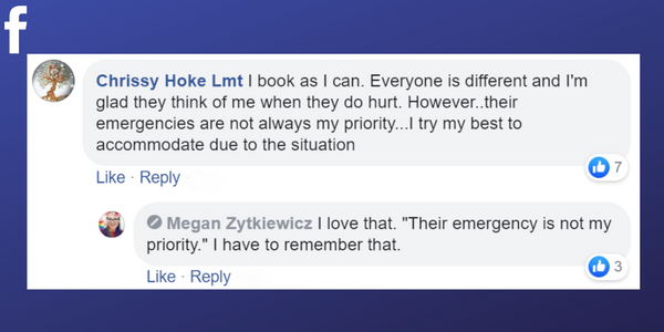 Facebook post from Chrissy Hoke Lmt about maintaining your boundaries with last minute appointments