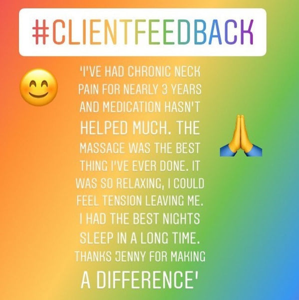 Instagram post from Jenny Hamption with client feedback from a massage treatment