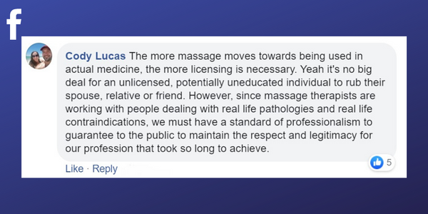 Facebook post from Cody Lucas about professional associations championing the massage industry and advocating for change