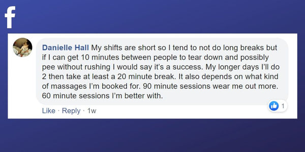 Facebook post from Danielle Hall about sneaking in short breaks between massages 