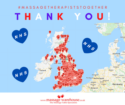 Map of therapists taking part in the #MassageTherapistsTogether campaign from Massage Warehouse