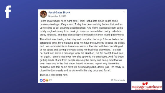 Facebook quote from Jessi Gates Brock about the frustrations of enforcing a cancellation policy