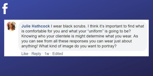 Facebook post from Julie Hathcock about choosing scrubs as her uniform for working as a massage therapist