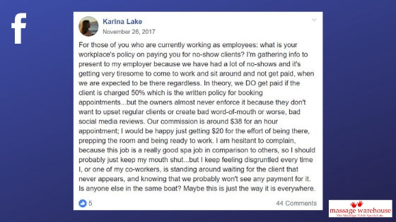 Facebook post from Karina Lake about the frustration of not being paid for no shows