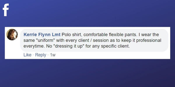 Facebook post from Kerrie Flynn Lmt about wearing comfortable trousers and a polo as her uniform as a massage therapist