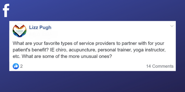 Facebook post from Lizz Pugh asking what types of medical professionals do other massage therapists network with successfully? 