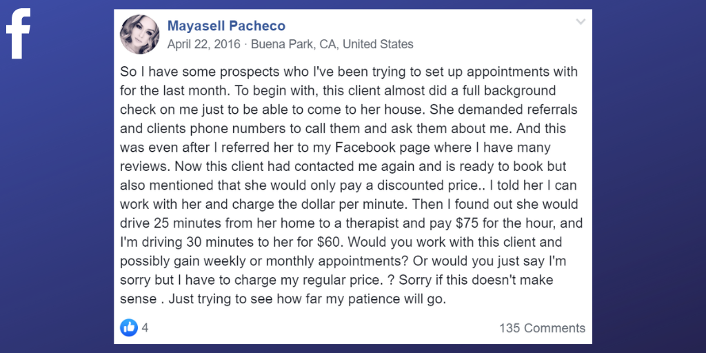 Facebook post from Mayasell Pacheco about a client trying to bargain on price 