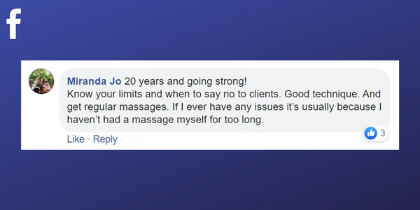 Facebook post from Miranda Jo about getting regular treatments as a massage therapist