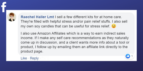 Facebook post from Raechel Haller Lmt about using Amazon Affiliates and creating kits for clients