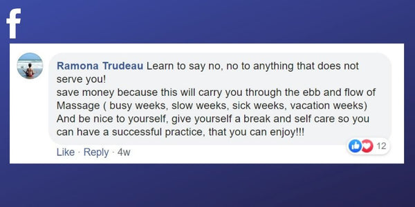 Facebook post from Ramona Trudeau about ensuring you save money as a massage therapist so you can take care of yourself 