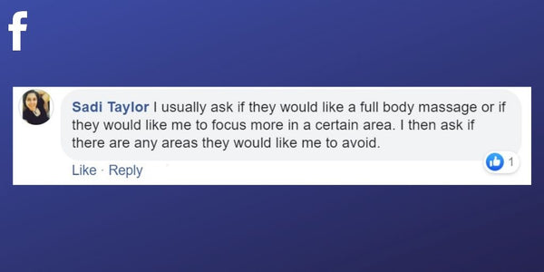 Facebook post from Sadi Taylor about addressing areas of the body clients would like to be treated before starting
