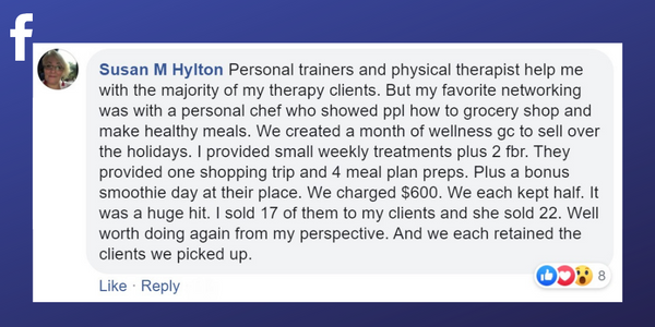 Facebook post from Susan M Hylton about working with a personal chef to find clients 