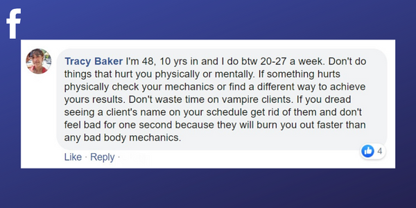 Facebook post from Tracy Baker about firing vampire clients 